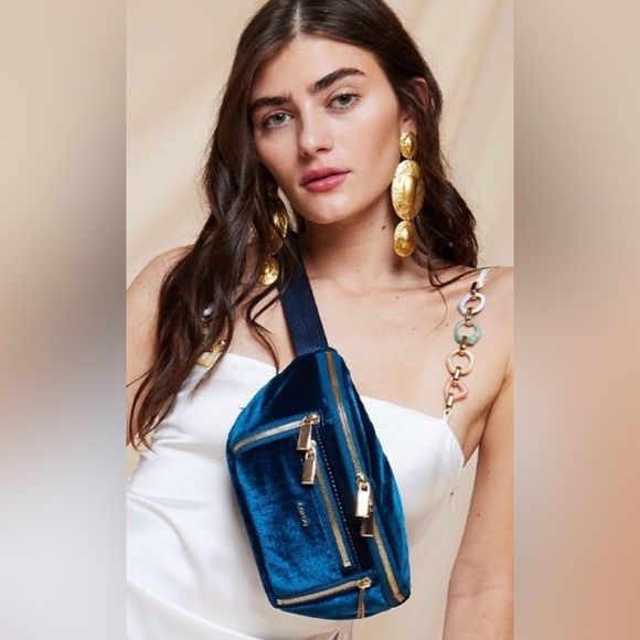 Free People Handbags - Free People Caraa Velvet Small Sling Bag Midnight Blue Gold Hardware NWT
